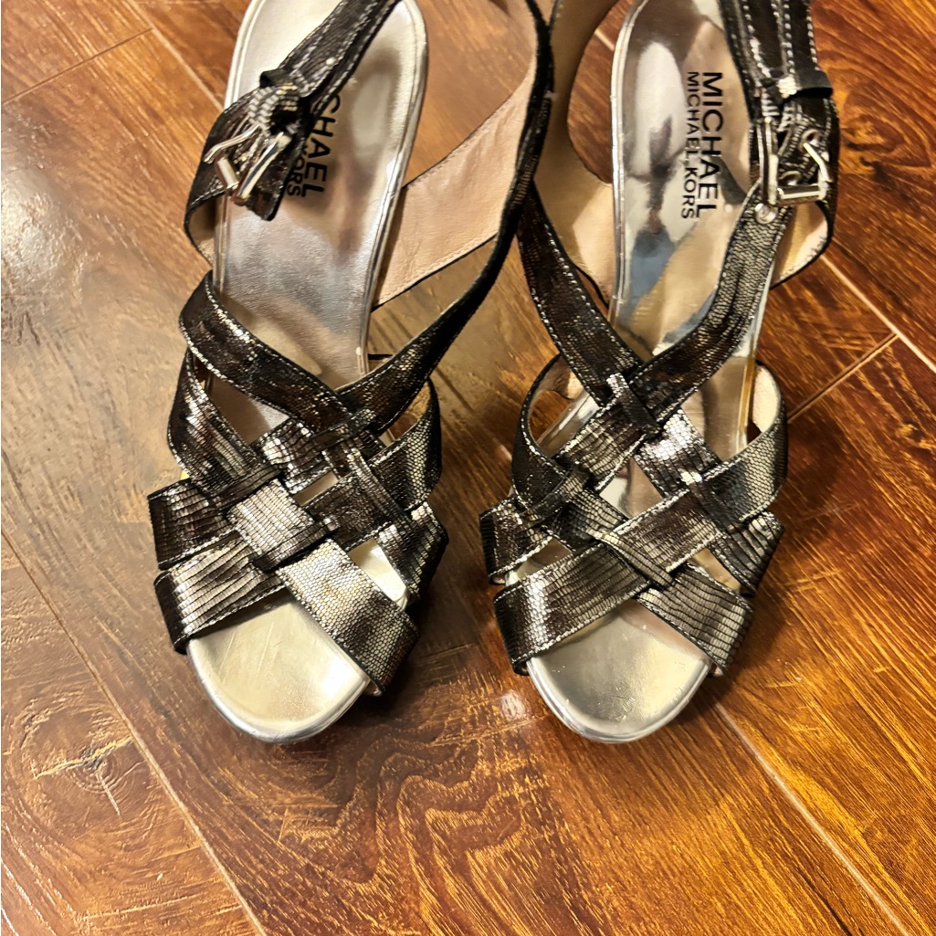 Michael Michael Kors Metallic Pewter Woven Strappy Heels